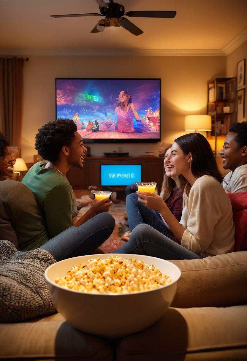 A diverse group of friends gathered in a cozy living room, illuminated by soft, ambient lighting, as they excitedly watch a large screen displaying a colorful streaming interface. Laptops and snacks scattered around, capturing a fun and relaxed atmosphere. Emphasize expressions of joy and excitement, with playful elements like popcorn and cushions. super-realistic. vibrant colors. warm lighting.
